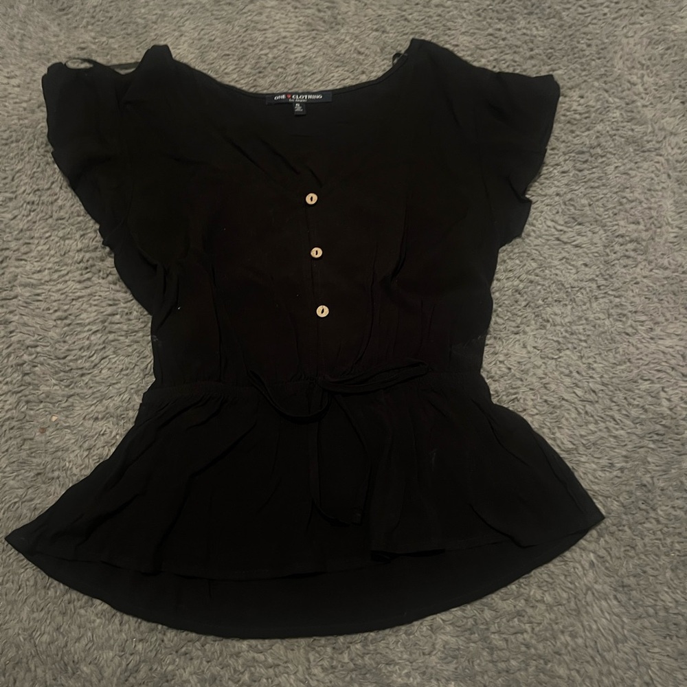 One Clothing Black Peplum Blouse with Ruffled Sleeves